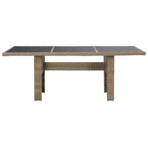 Mesa de comedor jardín vidrio y ratán PE marrón 200x100x74 cm H