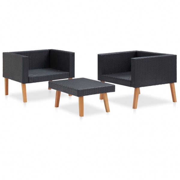 3 pcs conjunto lounge para jardim c/ almofadões vime PE preto M 4
