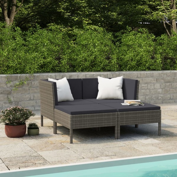 4 pcs conjunto lounge de jardim c/ almofadões vime PE cinzento D