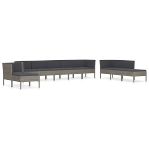 10 pcs conjunto lounge de jardim c/ almofadões vime PE cinzento H