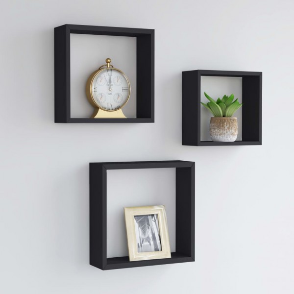Estantes cubo de pared 3 unidades MDF negro D