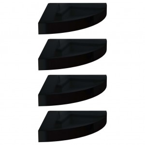 Prateleiras canto suspensas 4 pcs 25x25x3.8cm MDF preto brilh. H