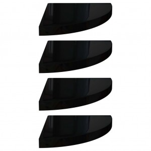 Prateleiras canto suspensas 4 pcs 35x35x3.8cm MDF preto brilh. H