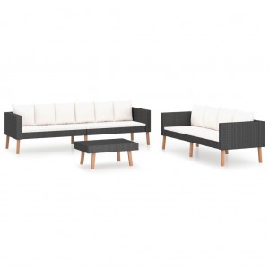 3 pcs conjunto lounge para jardim c/ almofadões vime PE preto H