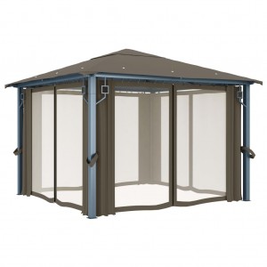 Gazebo com cortina 300x300 cm alumínio cinzento-acastanhado H