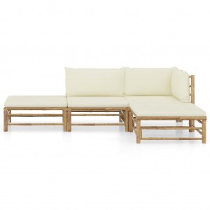 4 pcs conj. lounge p/ jardim em bambu c/ almofadões branco nata H