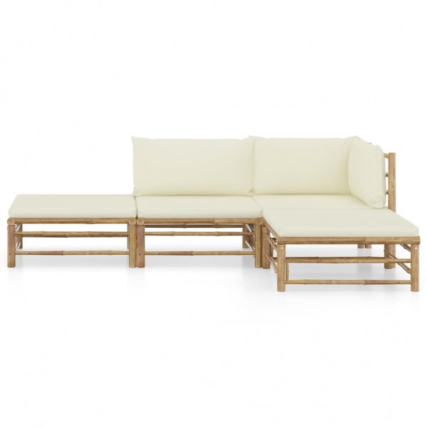 Set de muebles de jardín 4 piezas bambú y cojines blanco crema M 2