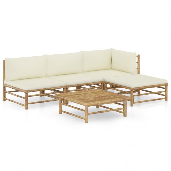 Set de muebles de jardín 5 piezas bambú y cojines blanco crema D