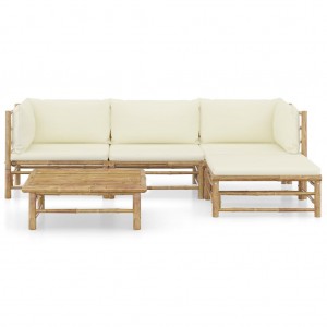 Set de muebles de jardín 5 piezas bambú y cojines blanco crema H