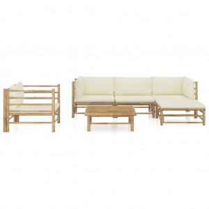 6 pcs conj. lounge p/ jardim em bambu c/ almofadões branco nata H