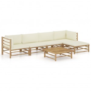 Set de muebles de jardín 6 piezas bambú y cojines blanco crema H