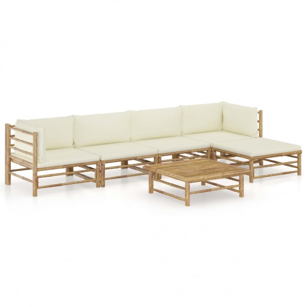Set de muebles de jardín 6 piezas bambú y cojines blanco crema M 2