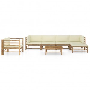 Set de muebles de jardín 7 piezas bambú y cojines blanco crema H