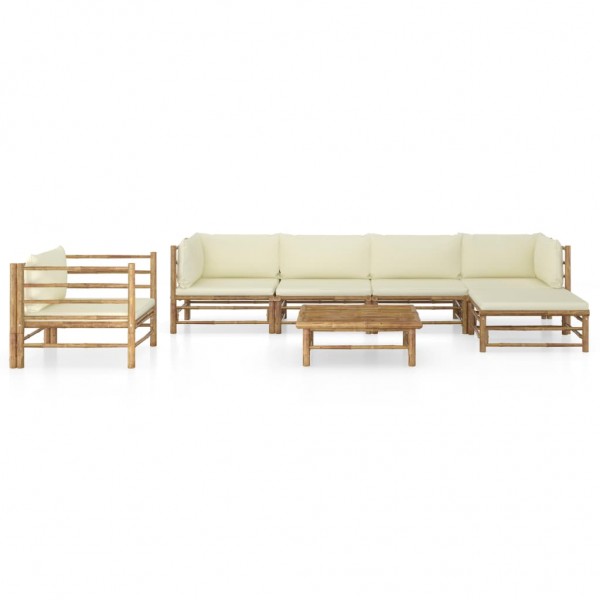 7 pcs conj. lounge p/ jardim em bambu c/ almofadões branco nata M 2