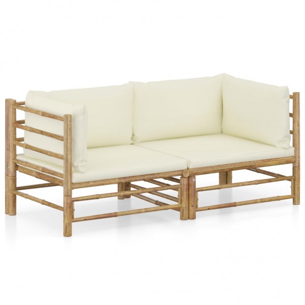 2 pcs conjunto lounge de jardim bambu c/ almofadões branco nata D