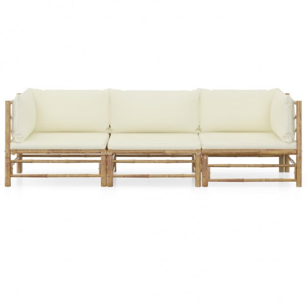 3 pcs conj. lounge p/ jardim em bambu c/ almofadões branco nata D