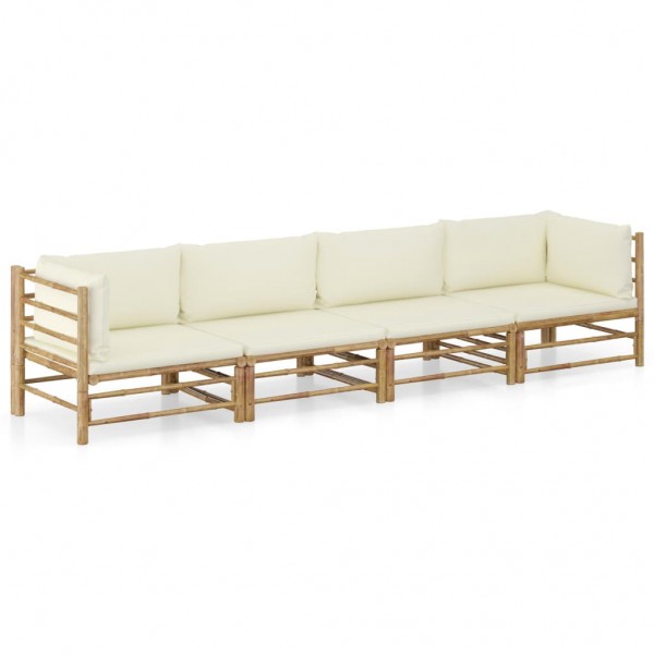 4 pcs conj. lounge p/ jardim em bambu c/ almofadões branco nata D