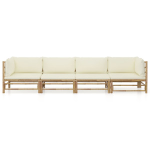 4 pcs conj. lounge p/ jardim em bambu c/ almofadões branco nata H