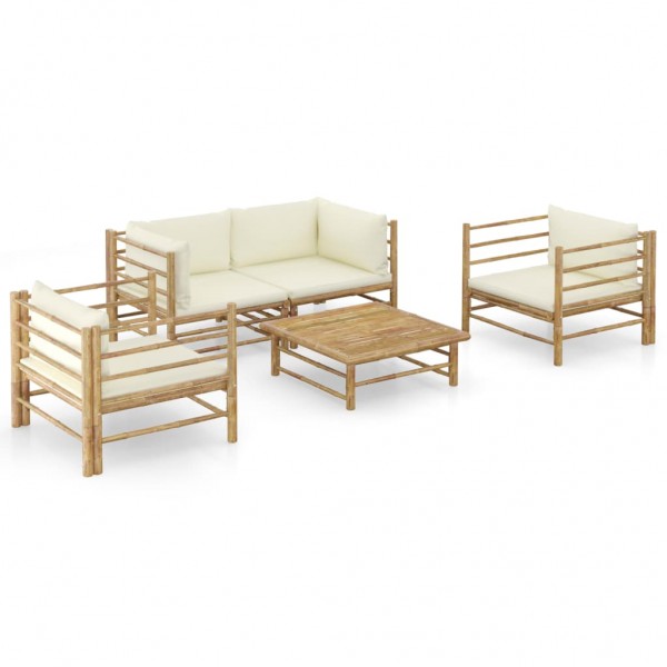 5 pcs conj. lounge p/ jardim em bambu c/ almofadões branco nata D
