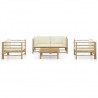 Set de muebles de jardín 5 piezas bambú y cojines blanco crema 2