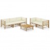Set de muebles de jardín 6 piezas bambú y cojines blanco crema 1