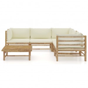 Set de muebles de jardín 6 piezas bambú y cojines blanco crema H