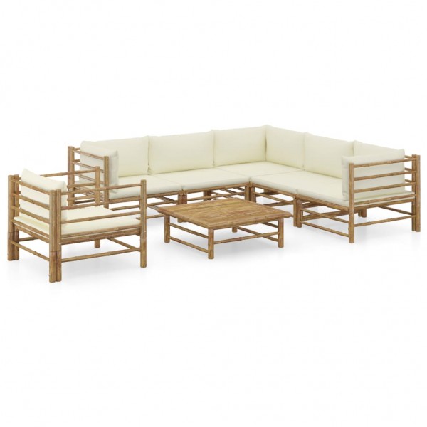 Set de muebles de jardín 7 piezas bambú y cojines blanco crema D