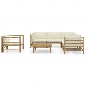 7 pcs conj. lounge p/ jardim em bambu c/ almofadões branco nata H
