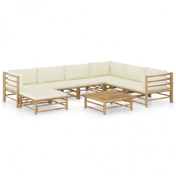 8 pcs conj. lounge p/ jardim em bambu c/ almofadões branco nata D
