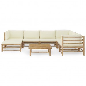 8 pcs conj. lounge p/ jardim em bambu c/ almofadões branco nata H