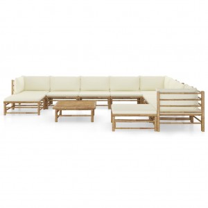 11 pcs conj. lounge jardim em bambu c/ almofadões branco nata H