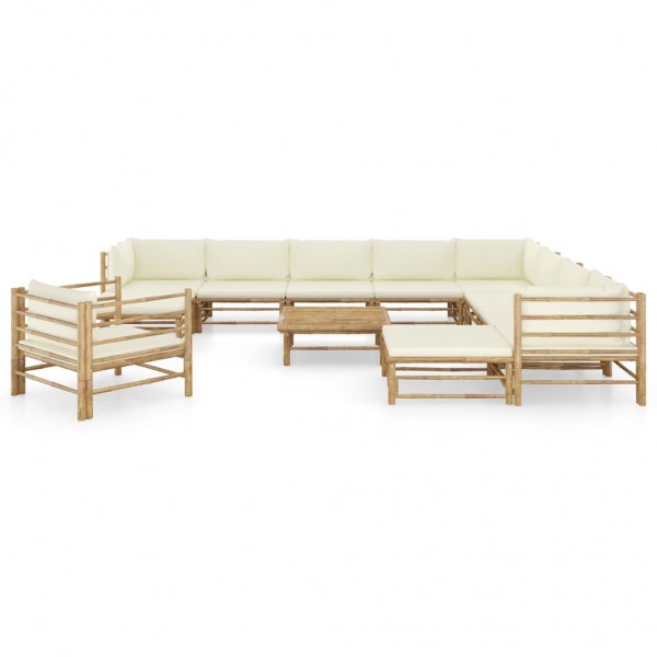 12 pcs conj. lounge jardim em bambu c/ almofadões branco nata M 2