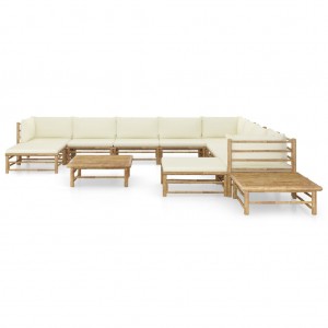 Set de muebles de jardín 12 piezas bambú y cojines blanco crema H