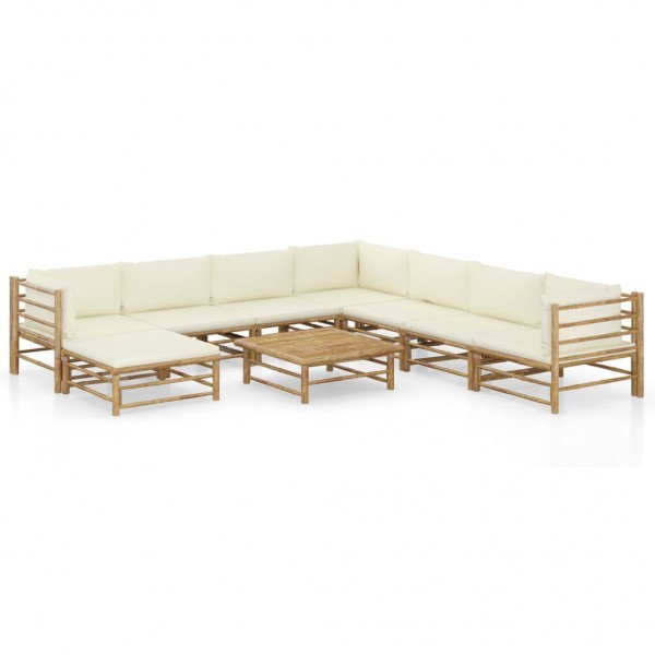 9 pcs conj. lounge p/ jardim em bambu c/ almofadões branco nata D