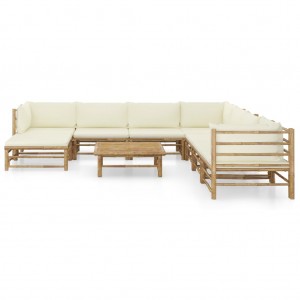 9 pcs conj. lounge p/ jardim em bambu c/ almofadões branco nata H