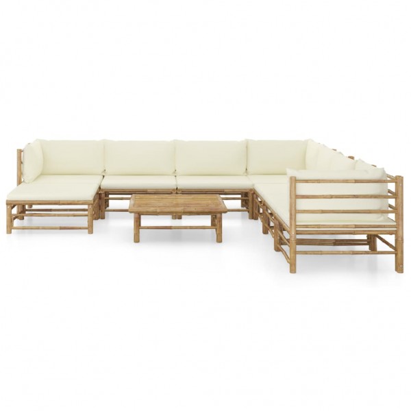 Set de muebles de jardín 9 piezas bambú y cojines blanco crema M 2