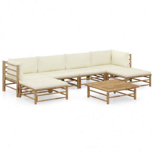 7 pcs conj. lounge p/ jardim em bambu c/ almofadões branco nata D