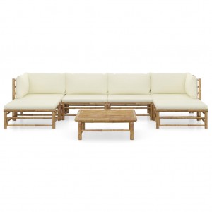 7 pcs conj. lounge p/ jardim em bambu c/ almofadões branco nata H