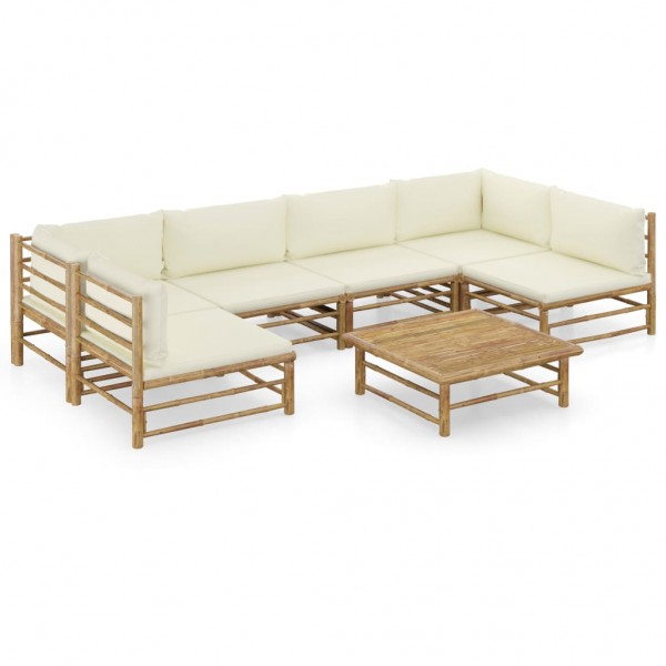 Set de muebles de jardín 7 piezas bambú y cojines blanco crema D