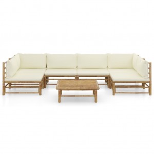 7 pcs conj. lounge p/ jardim em bambu c/ almofadões branco nata H