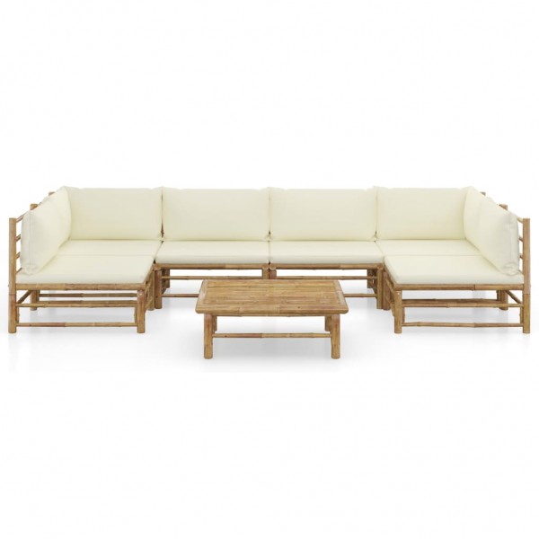 7 pcs conj. lounge p/ jardim em bambu c/ almofadões branco nata M 2
