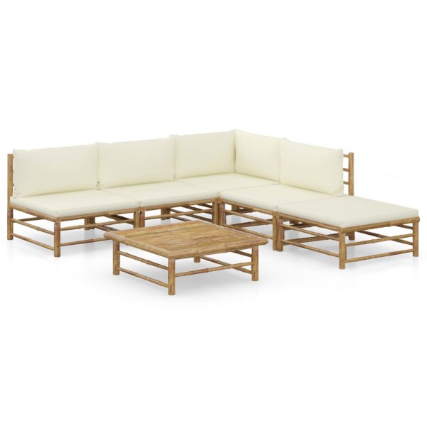 Set de muebles de jardín 6 piezas bambú y cojines blanco crema D