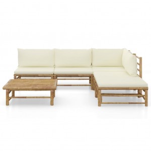 Set de muebles de jardín 6 piezas bambú y cojines blanco crema H