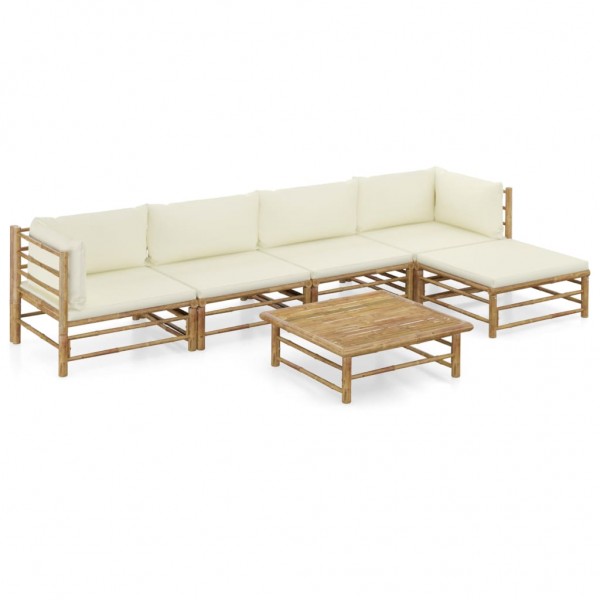 6 pcs conj. lounge p/ jardim em bambu c/ almofadões branco nata D