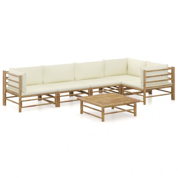 Set de muebles de jardín 6 piezas bambú y cojines blanco crema D