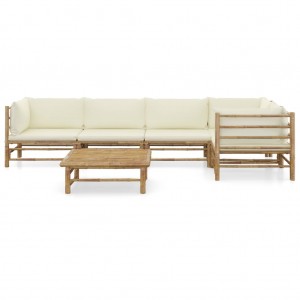 6 pcs conj. lounge p/ jardim em bambu c/ almofadões branco nata H
