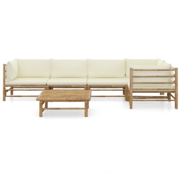 6 pcs conj. lounge p/ jardim em bambu c/ almofadões branco nata M 2