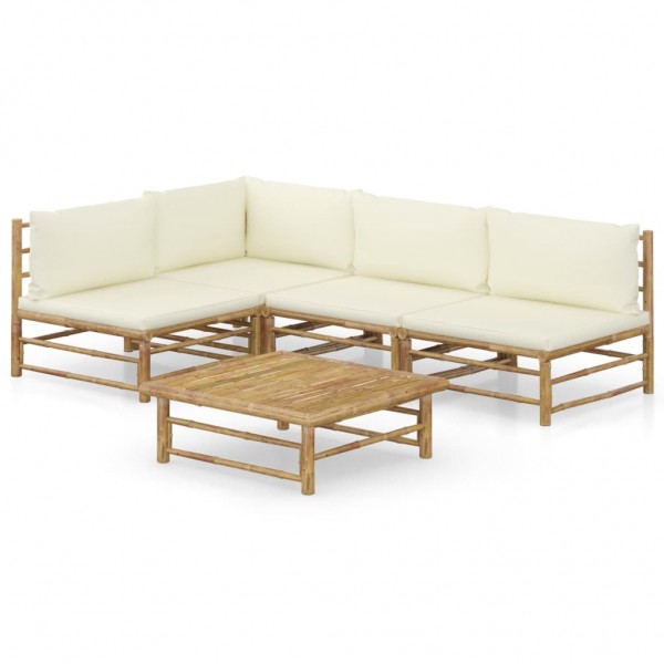5 pcs conj. lounge p/ jardim em bambu c/ almofadões branco nata D