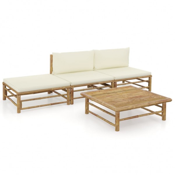 4 pcs conj. lounge p/ jardim em bambu c/ almofadões branco nata D