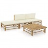 Set de muebles de jardín 4 piezas bambú y cojines blanco crema 1
